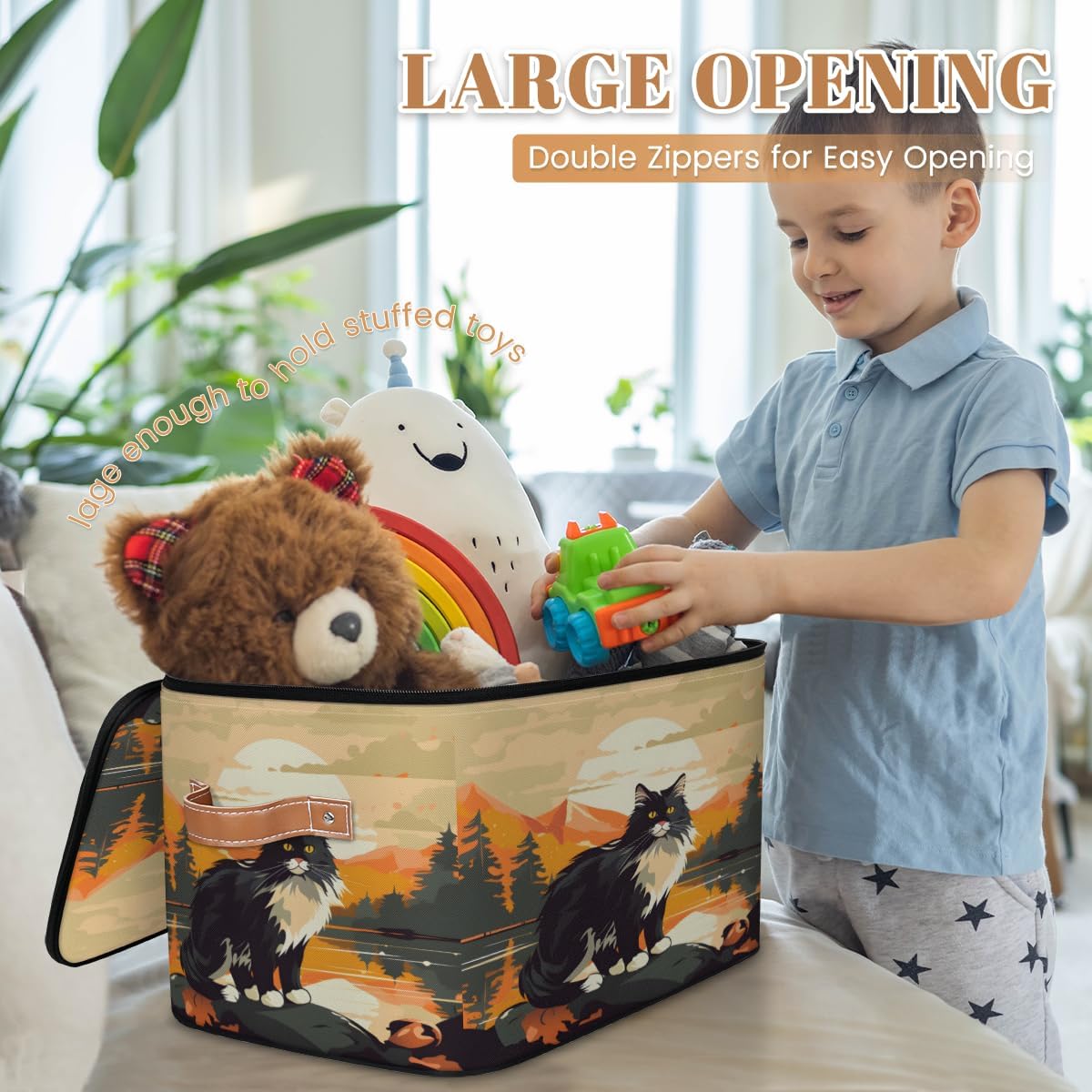 Storage Bin Set of 2 Black Cat Storage Basket with Zipper Lid & Handle Foldable Closet Shelf 2 Pack Cloth Organizer Basket Cube Bins Clothes Organizer for Bedroom, Nursery