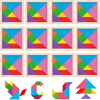 HORREX 12 Pieces Wooden Tangram, Geometric Tangram Figures Adults, Educational Puzzle Game Wood, Classic Puzzle Game Suitable for School Travel Holiday Outings Camping