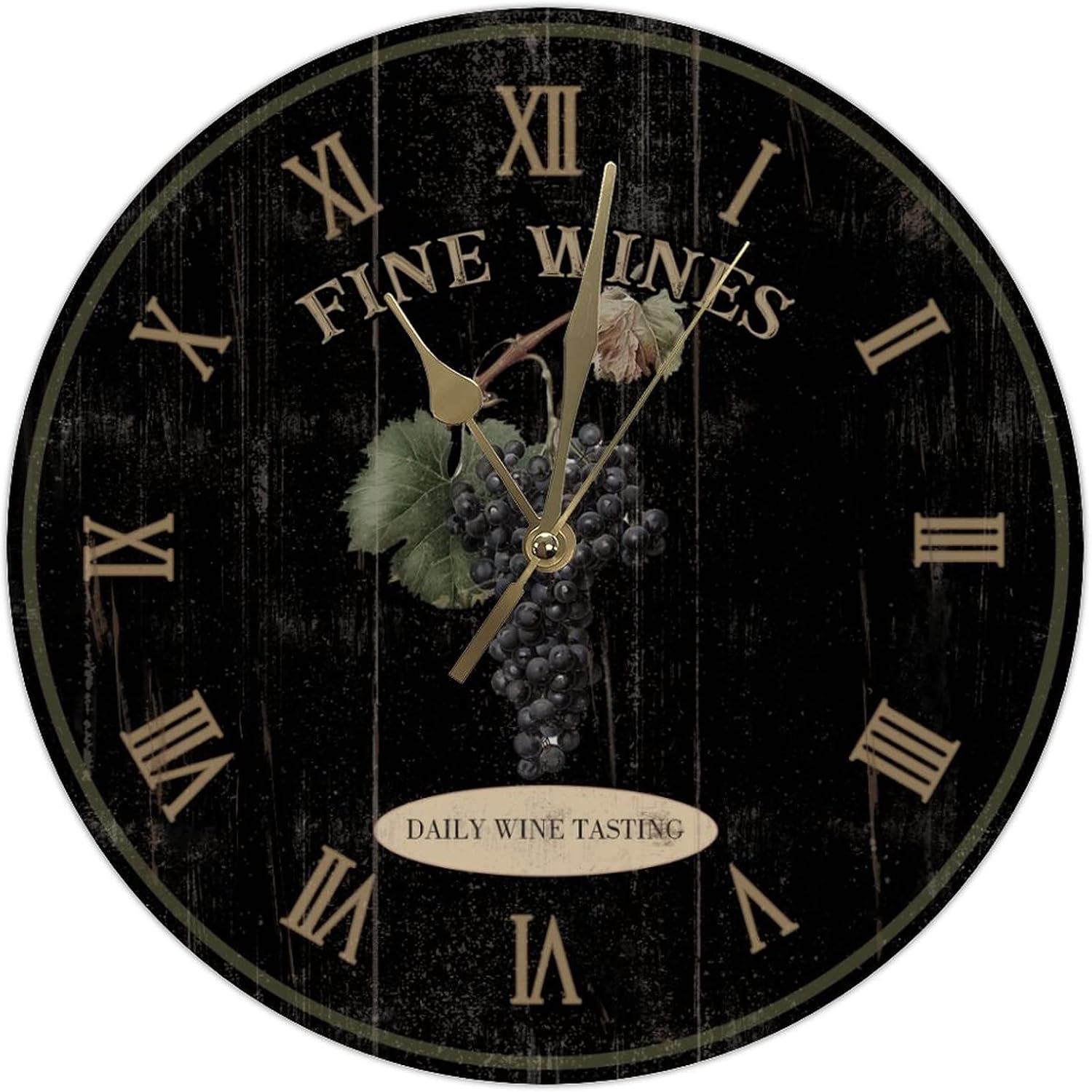 Fine Wines Black Wood Wall Clock 12Inch Round Clocks Grape Winery Wooden Clocks Silent Non-Ticking Wall Clock Farmhouse for Dinning Living Room Birthday Housewarming Gift to Friends