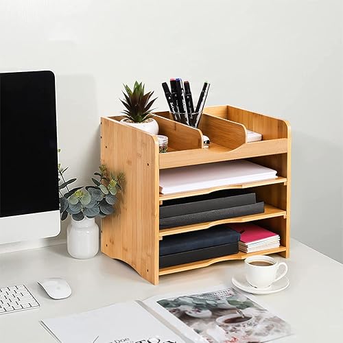 Miniatura 8 de DEAYOU Organizador de archivos de escritorio de bambú, clasificador de bandejas de documentos de 13 pulgadas con 2 estantes ajustables, organizador