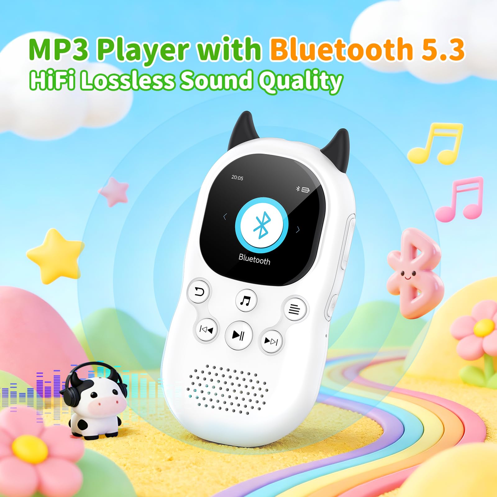 64Go Lecteur MP3 Bluetooth 5.3 pour Enfants,Lecteurs MP3 avec Haut-parleurs, Radio FM, réveil, Batterie 750 mAh, Cordon Gratuit,Jouez de la Musique en Un Seul clic，Carte TF Extensible de 128 Go