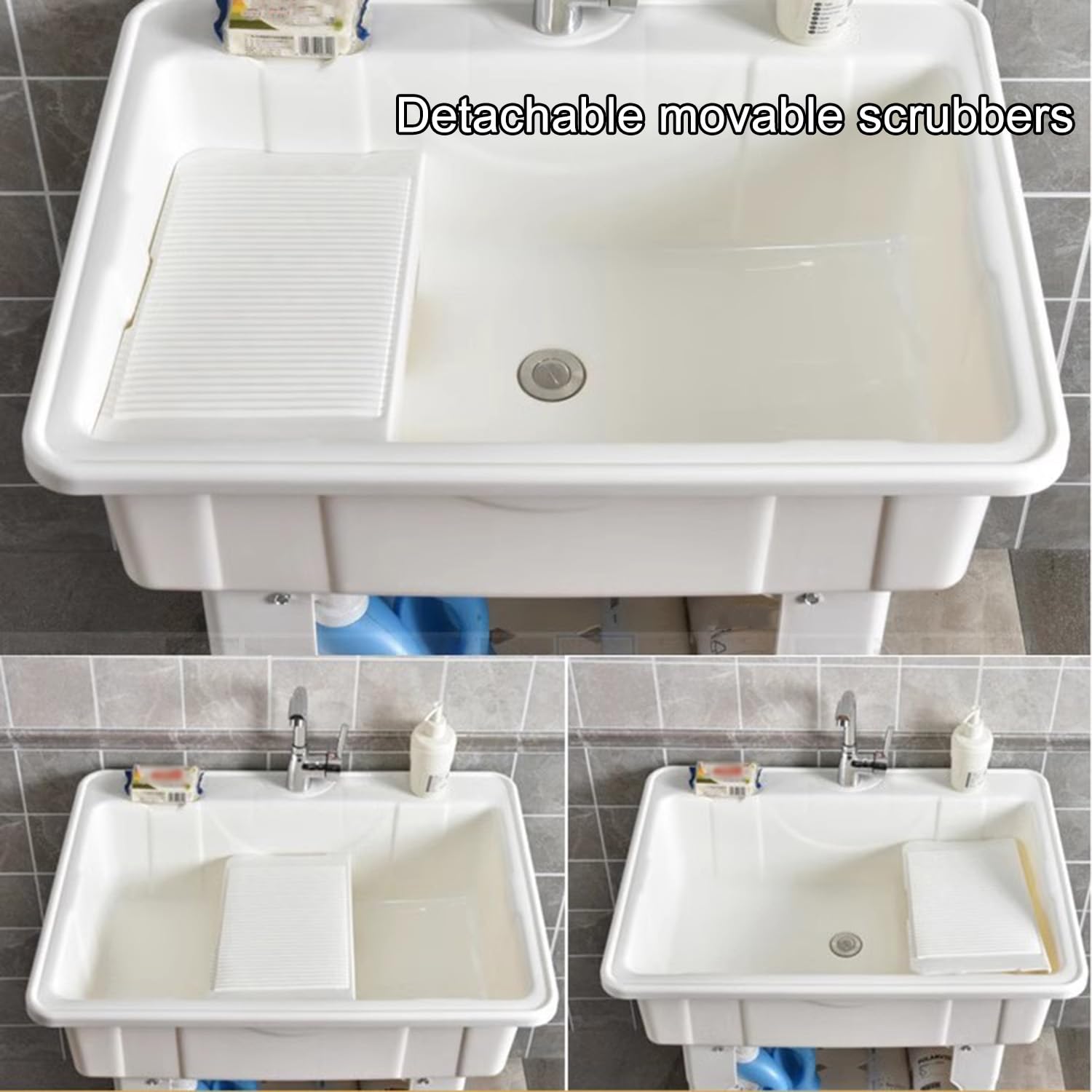 Fregadero Independiente para Lavandería, Lavabo De Plástico PP con Estante De Almacenamiento Inferior Y Pies Ajustables, Lavabo Interior Y Exterior para Lavar Ropa a Mano