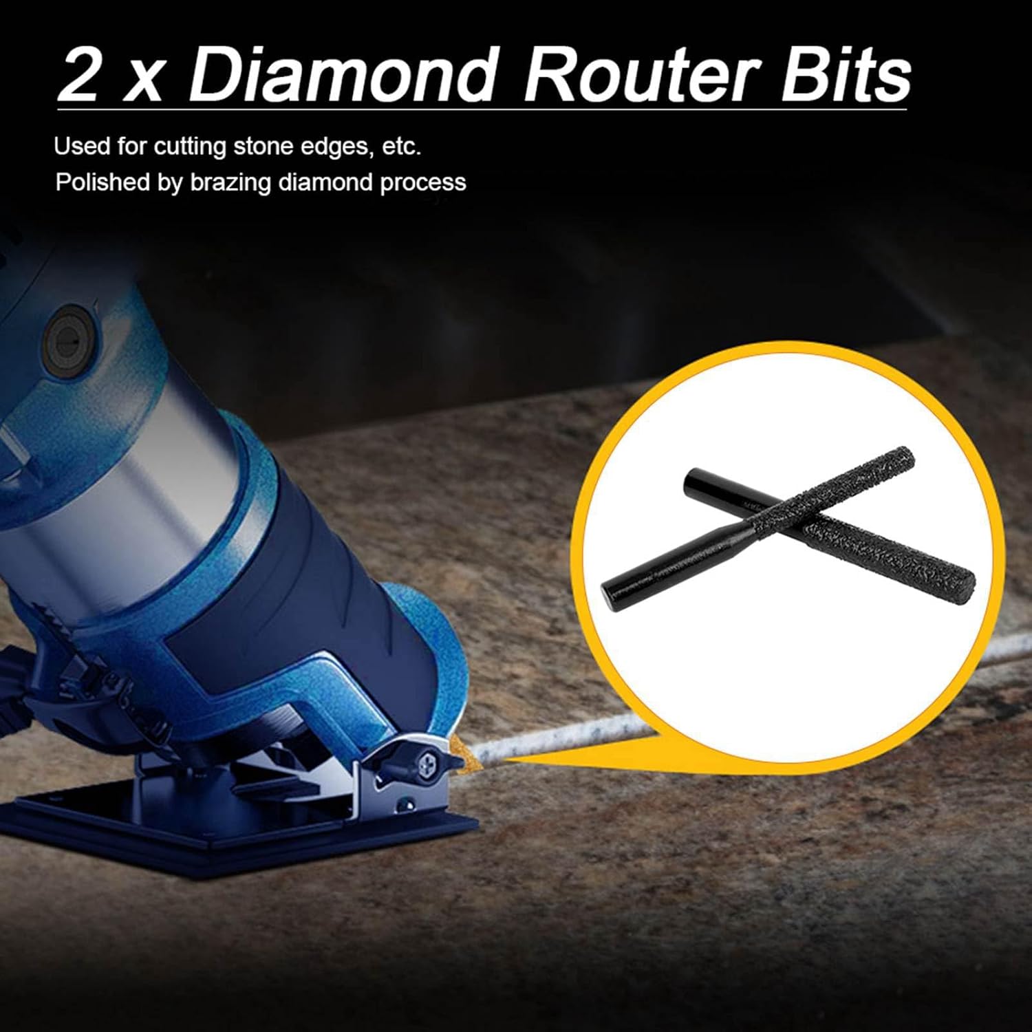 Diamond Straight Router Bit, 2Pcs Long Straight Brazed Bits, Black Quartz Stone Marble Seam Knife with 6.35mm Handle, Concrete Router Bit for Seaming, Trimming, Edging