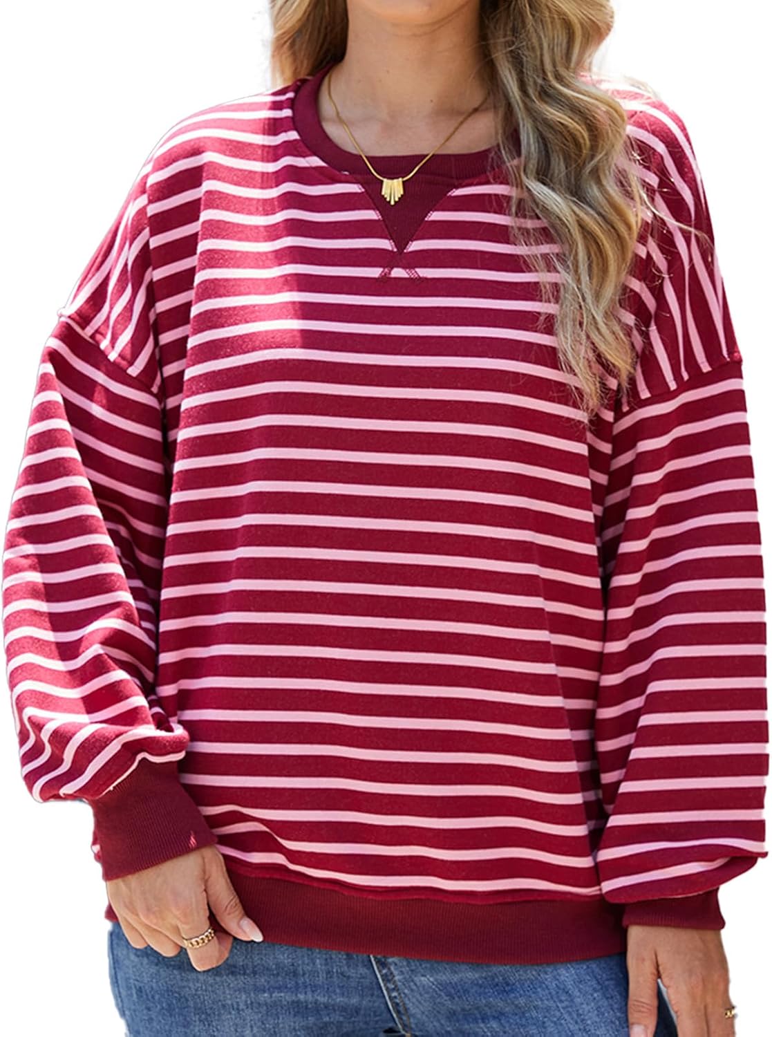 Women's Striped Oversized Sweatshirt, Long Sleeve Crewneck Pullover Top, Casual Fal...