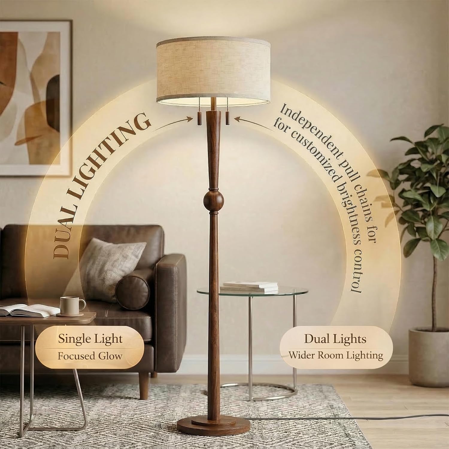 MOFFE 62.8" Solid Oak Wood Floor Lamp, Tall Standing Floor Lamp with 2-Light Pull Chain, 17" Linen Drum Shade, Sculptural Wood Base, Transitional Floor Lamp for Living Room Bedroom, Includes 2 Bulbs