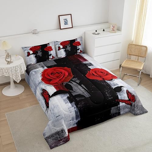 Miniatura 3 de Erosebridal Juego de edredón rústico de rosas para niños, adolescentes y jóvenes, relleno de edredón de acuarela negra y gris degradada, juegos de