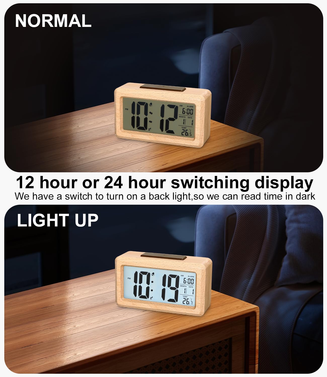 Orologio Da Tavolo Romano In Legno - Con Luce LED Regolabile, Ricaricabile USB, Design Artigianale - Foto 8