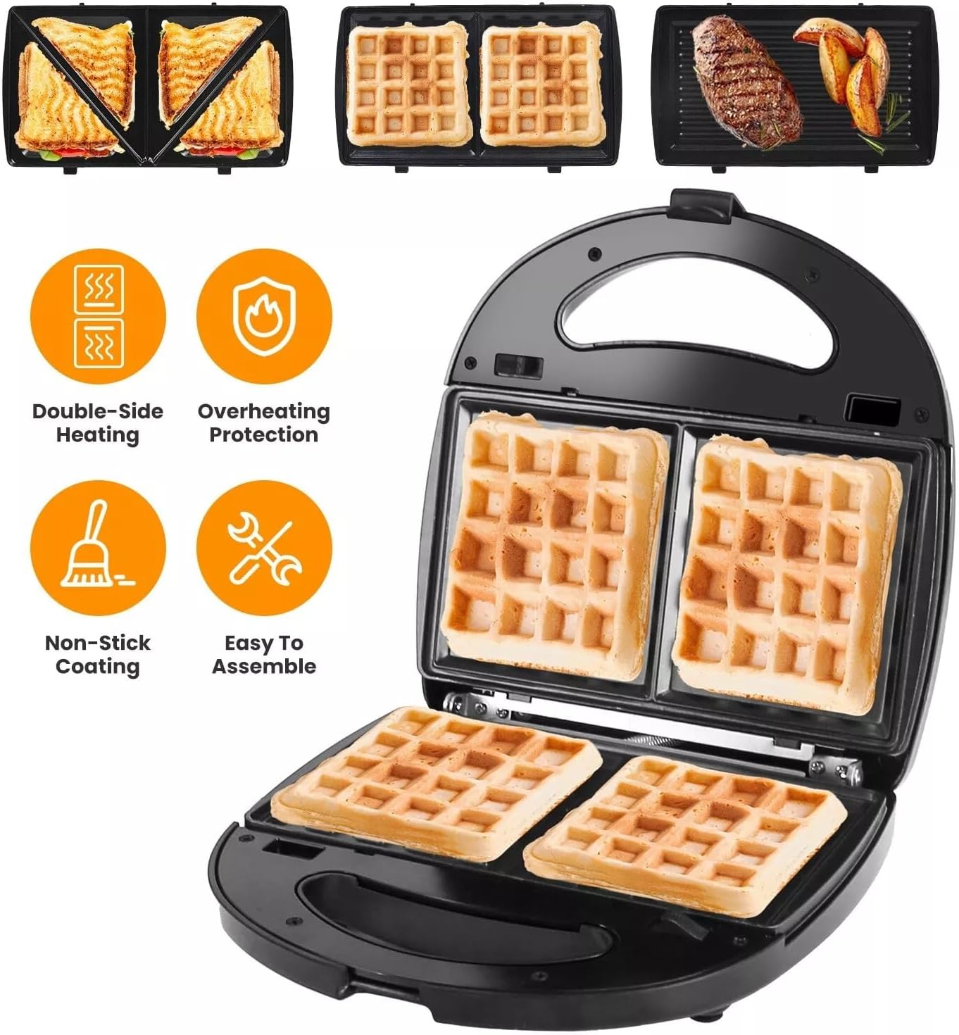 6 in 1 Waffle Iron Set, Electric Sandwich Maker Panini Steak Kitchen DIY Breakfast Machine
