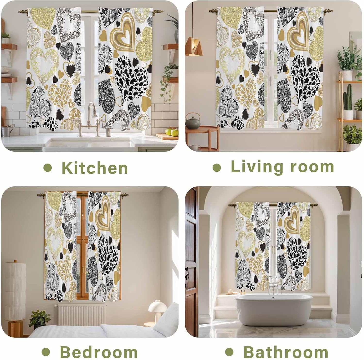 Valentine's Day Kitchen Curtains, Romantic Love Heart Roses Abstract Black Gold Light Filtering Window Curtain, 2Pcs Rod Pocket Window Treatments Set for Living Room Bathroom Bedroom 42x63 Inches