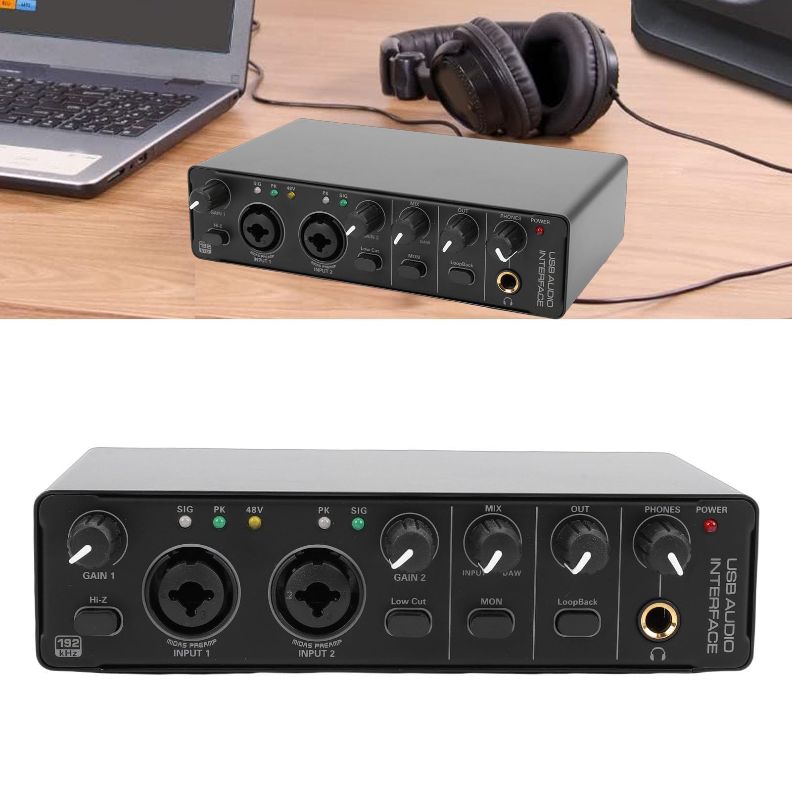 Fockety Interfaz de Audio USB C, Interfaz de Audio de Estudio de Grabación de 24 Bits 192 KHz con Entrada XLR y Alimentación Fantasma de 48 V para Grabación, Podcasting, Guitarrista (BLACK)