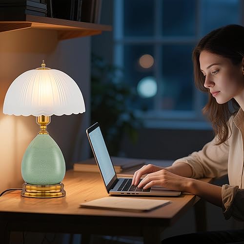 Miniatura 5 de Lámpara de mesa de cerámica verde para sala de estar, lámparas modernas de mesita de noche de 16 pulgadas con pantalla de vidrio blanco, lámpara