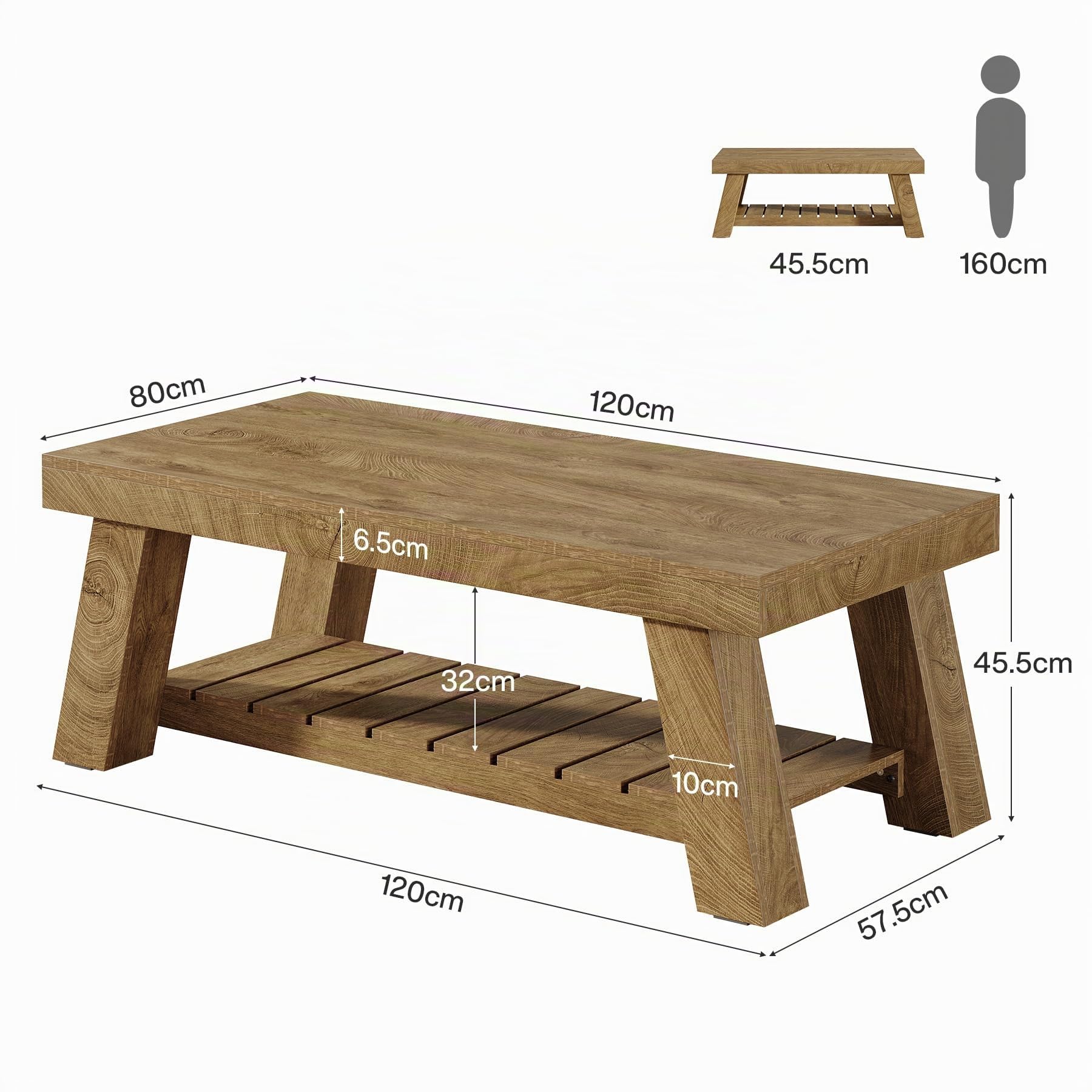 Tribesigns Mesa de Centro Rectangular, 120 cm Mesa Salon de Madera, Mesita de Café de Acento Rústica de 2 Niveles para Apartamento, Hogar