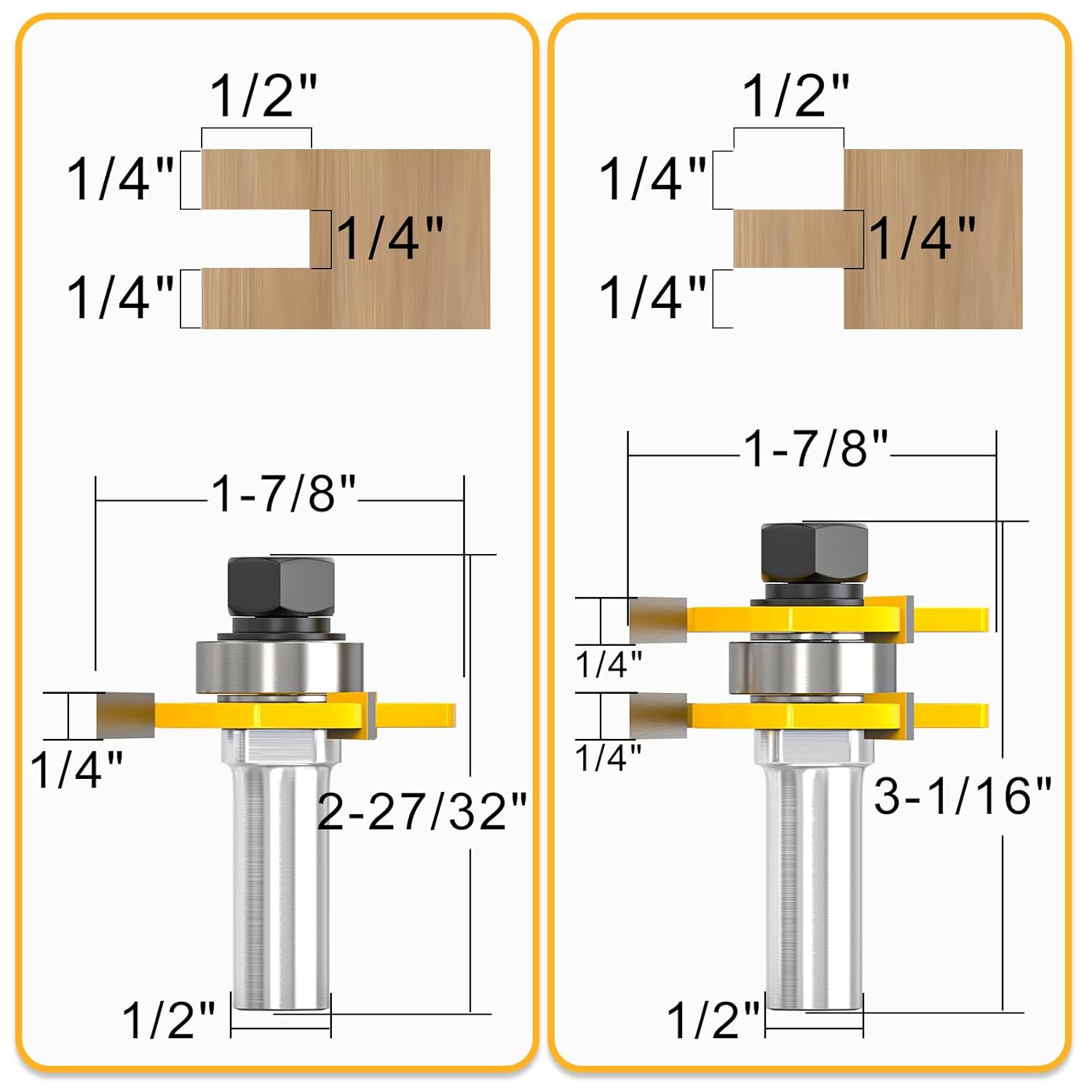 2PCS Tongue and Groove Router Bit Set, 1/2-Inch Shank, 3 Teeth T-Shape Wood Milling Cutter, Flush Trim & Lock Miter Router Bit for Cabinet Drawer Lock