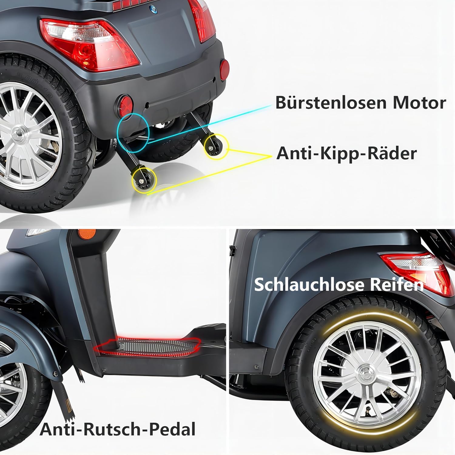 Scooter électrique à 4 roues avec 3 vitesses, grand espace de stockage, tête et accoudoirs réglables et dossier. Convient pour différents terrains avec phares, feux arrière et réflecteurs. Poids