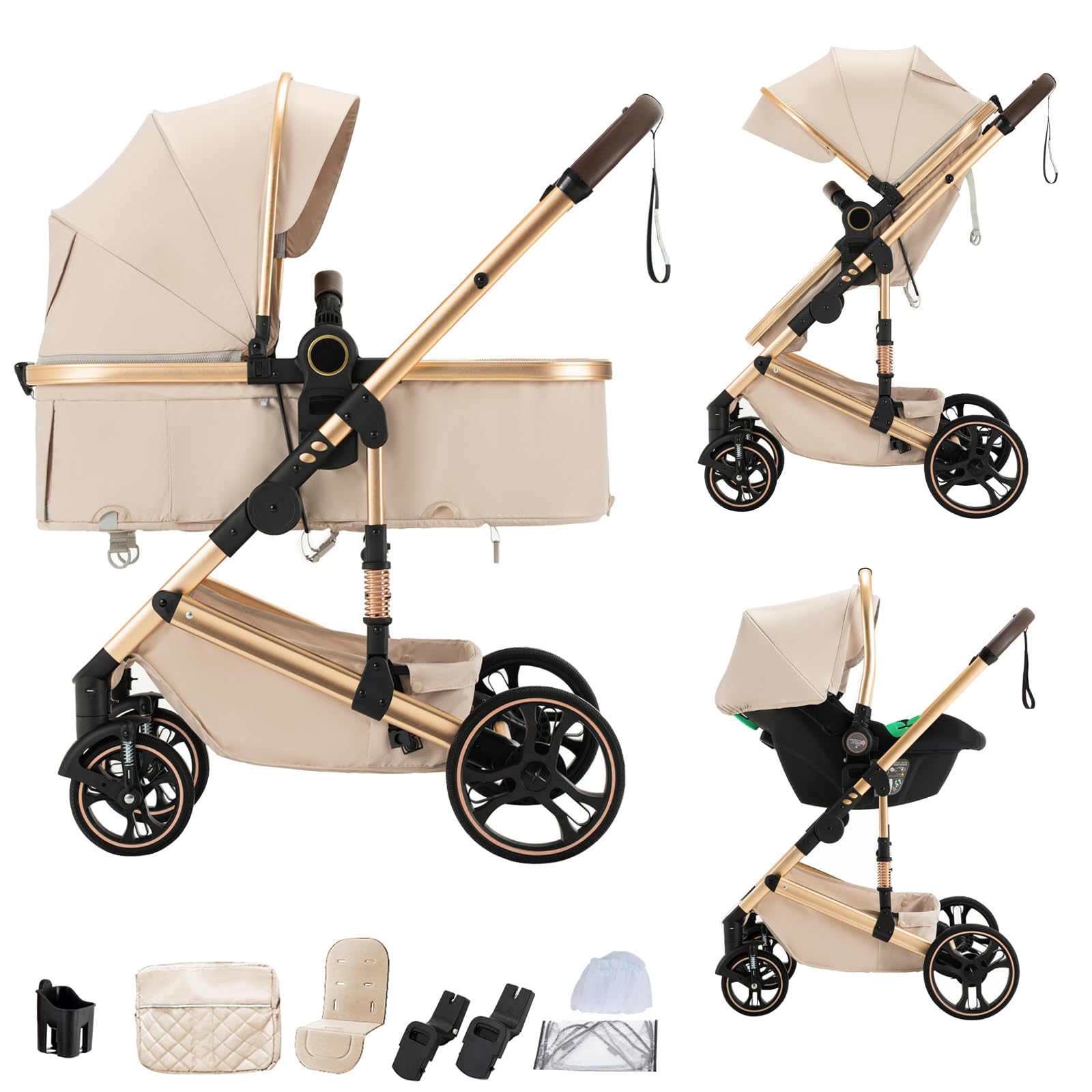 BEBBY 3 in 1 Pushchair Pram Travel System,Newborn Infant Buggy Aluminum Frame,High Aluminium Frame Landscape Combined Strollers，Lightweight Infant Stroller for 0-48 Months (H9-Beige, H9)