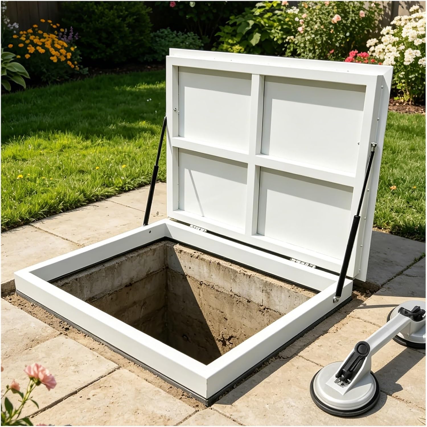 Outdoor C Floor Access Hatch - Steel Basement Entry Door with Suction Cup Opener, Manual Cellar Storage Cover, White, 125x65 cm (49x26 in) - Durable, Easy Access Solution