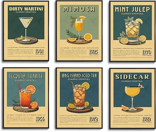 Fetyiu Vintage Cocktail Poster - Bar Cart Accessories and Decor,Retro Cocktail Wall Art, Funky Drink Aesthetic Pictures, Colorful Preppy Bar Art