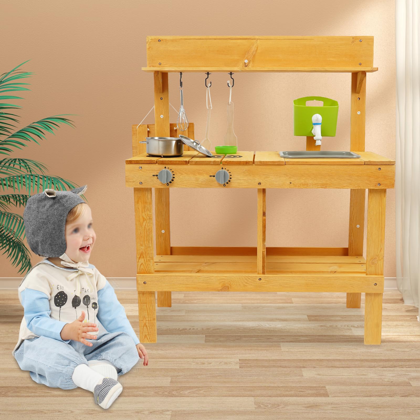 Drewniana kuchnia do zabawy na świeżym powietrzu, zestaw zabawek ze zlewozmywakiem, kran, akcesoria, kuchnia edukacyjna dla dzieci w wieku 3-8 lat, odgrywanie ról, kuchnia