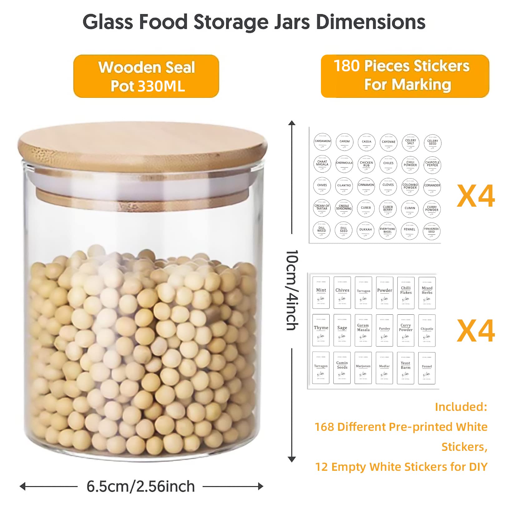 Yibaodan Glasdosen-Set, 330 ml, mit 180 weißen Etiketten, 12-teiliges Set, Gewürzgläser mit Bambusdeckel, luftdicht, kleine Lebensmittelaufbewahrungsdose für Zuhause, Küche, Tee, Kräuter, Kaffee,