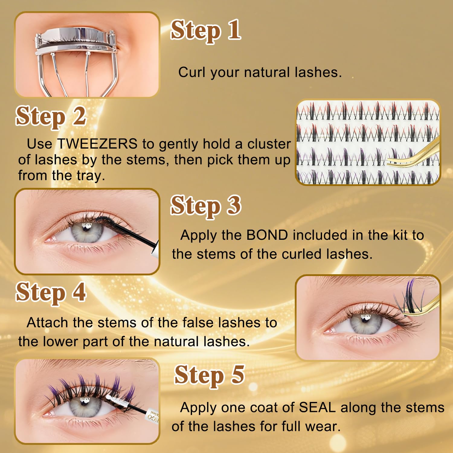 FEEGO Wolkenwimpern mit Farbverlauf, 5 verschiedene Farbverlaufswimpern, 100 Stück, Design Wimpern für jede Veranstaltung, zum Stylen von falschen Wimpern (inklusive doppelseitigem Klebstoff, Pinzette