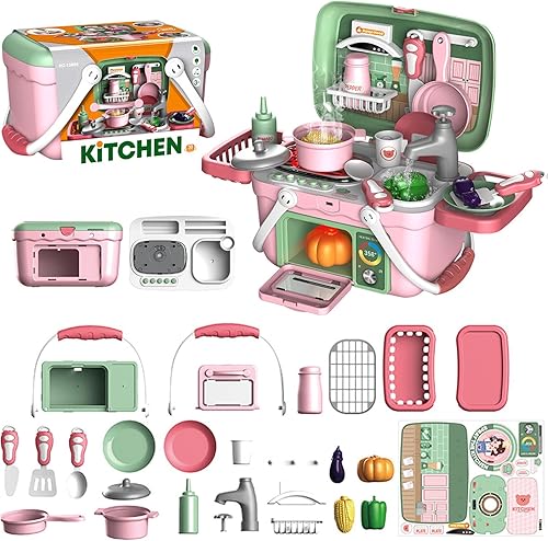 Jade Hare Juguete de cocina con música y luz juego de cocina portátil para niños pequeños con fregadero de juego y horno de simulación cesta de