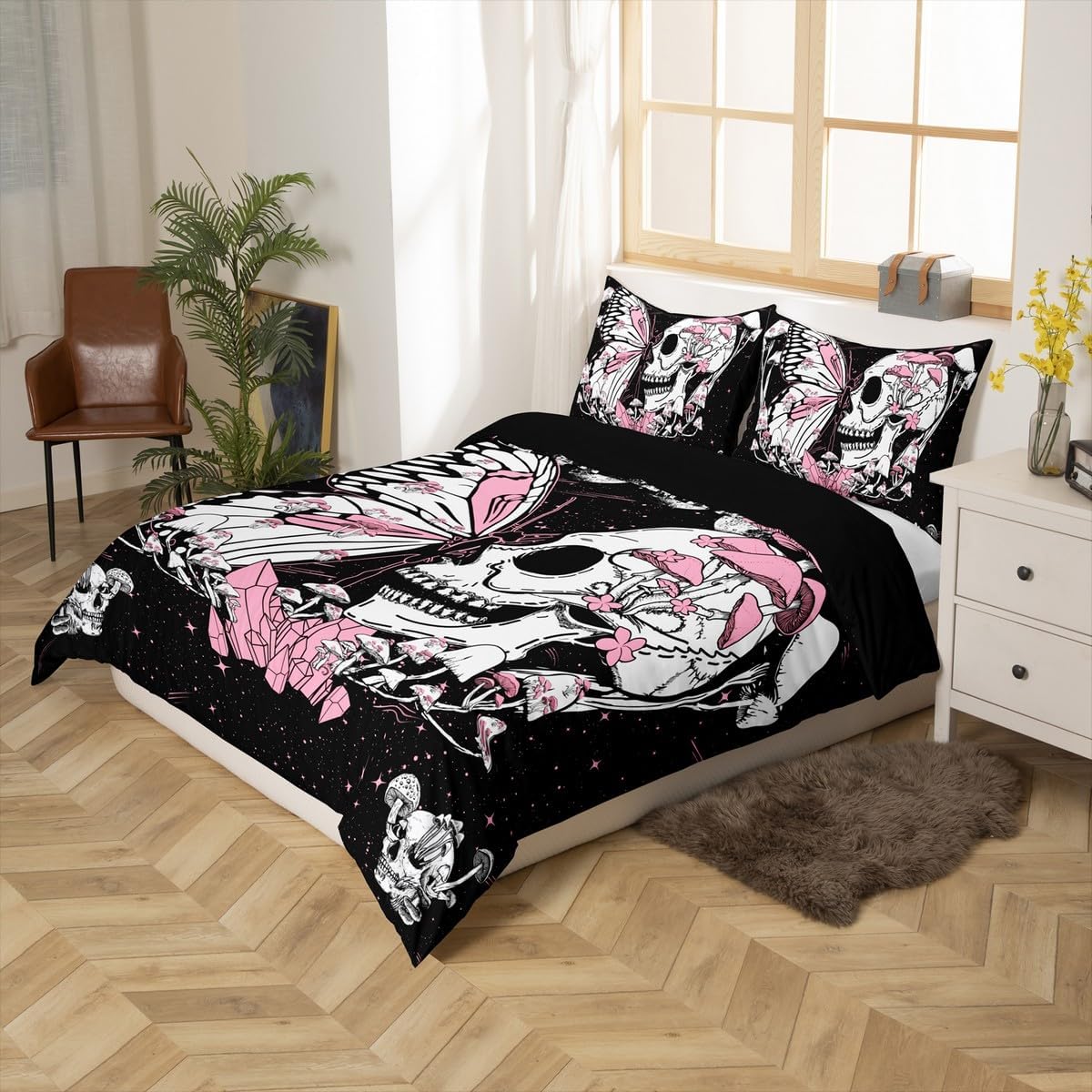 Moth Skull Duvet Cover Full Size Pink Butterfly Mushroom Bedding Set Starry Galaxy Moon Comforter Cover 3Pcs for Kids Teens Girls Boys Bedroom Decor Wild Animals Plants Quilt Cover,2 Pillowcases
