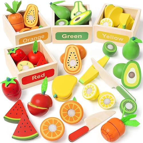 Juego de juguetes de madera para la cocina de los niños, 30 piezas Montessori de corte y clasificación de colores accesorios de frutas falsas con 4