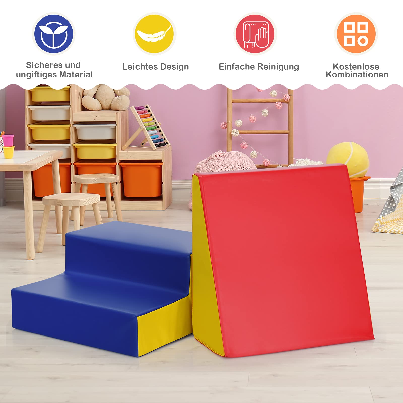 GOPLUS 2 Bloques de Construcción de Espuma, Bloques de Construcción Blandos para Escalar, Bloques Grandes con Escalera y Tobogán, Superficie de Piel Sintética