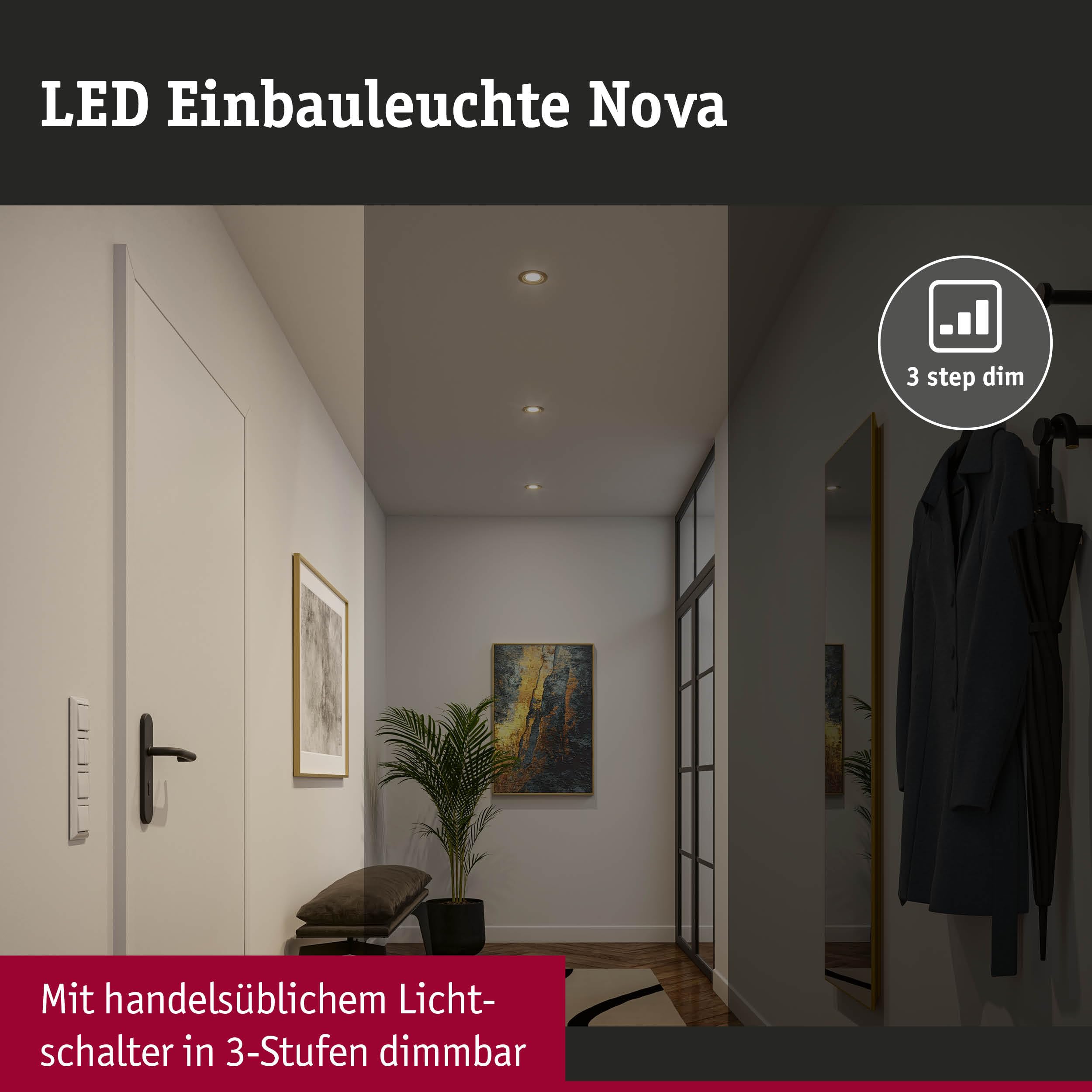 Paulmann 92406 LED Einbauleuchte 3-Step-Dim Nova Coin rund 84mm 50° Coin 3x6W 3x470lm 230V dimmbar 2700K Gold matt