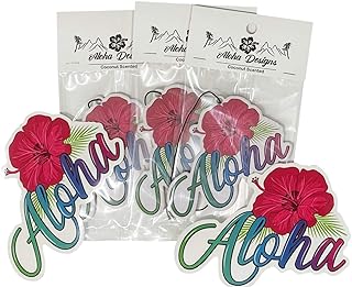 Aloha Designs 3 Pack Aloha Hawaii Hibiscus Long Lasting Coconut Air Freshener and 2 Aloha Stickers | Decorative Hawaiian Tropical Scented Hanging Air Freshener With Island Vibe For Car, Closest, Home,