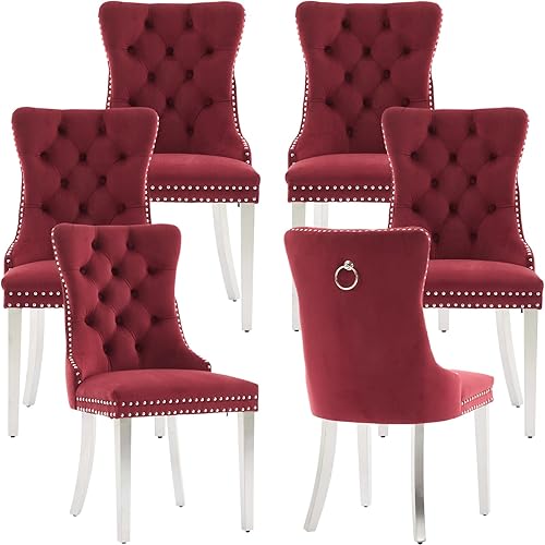 Miniatura 21 de Juego de 8 sillas de comedor tapizadas de lujo, sillas de cocina beige con patas de metal dorado, silla de comedor con respaldo capitoné de