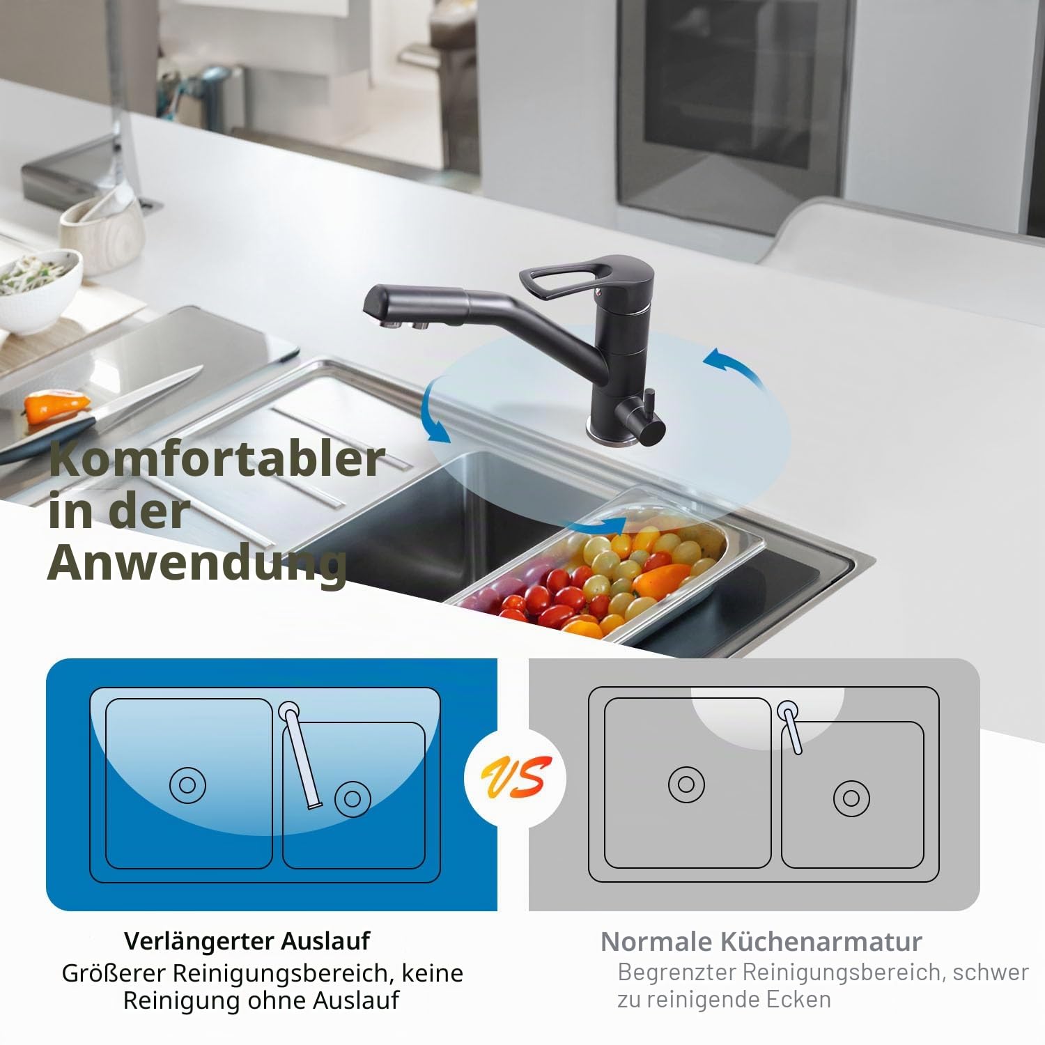 3-Wege-Küchenarmatur, 360° drehbarer Küchenarmatur, Spültischarmatur mit flexiblem Auslauf, G3/8 Zoll (Dreifach-Anschluss-Wasserhahn mit Wasserfilter, Schwarz)