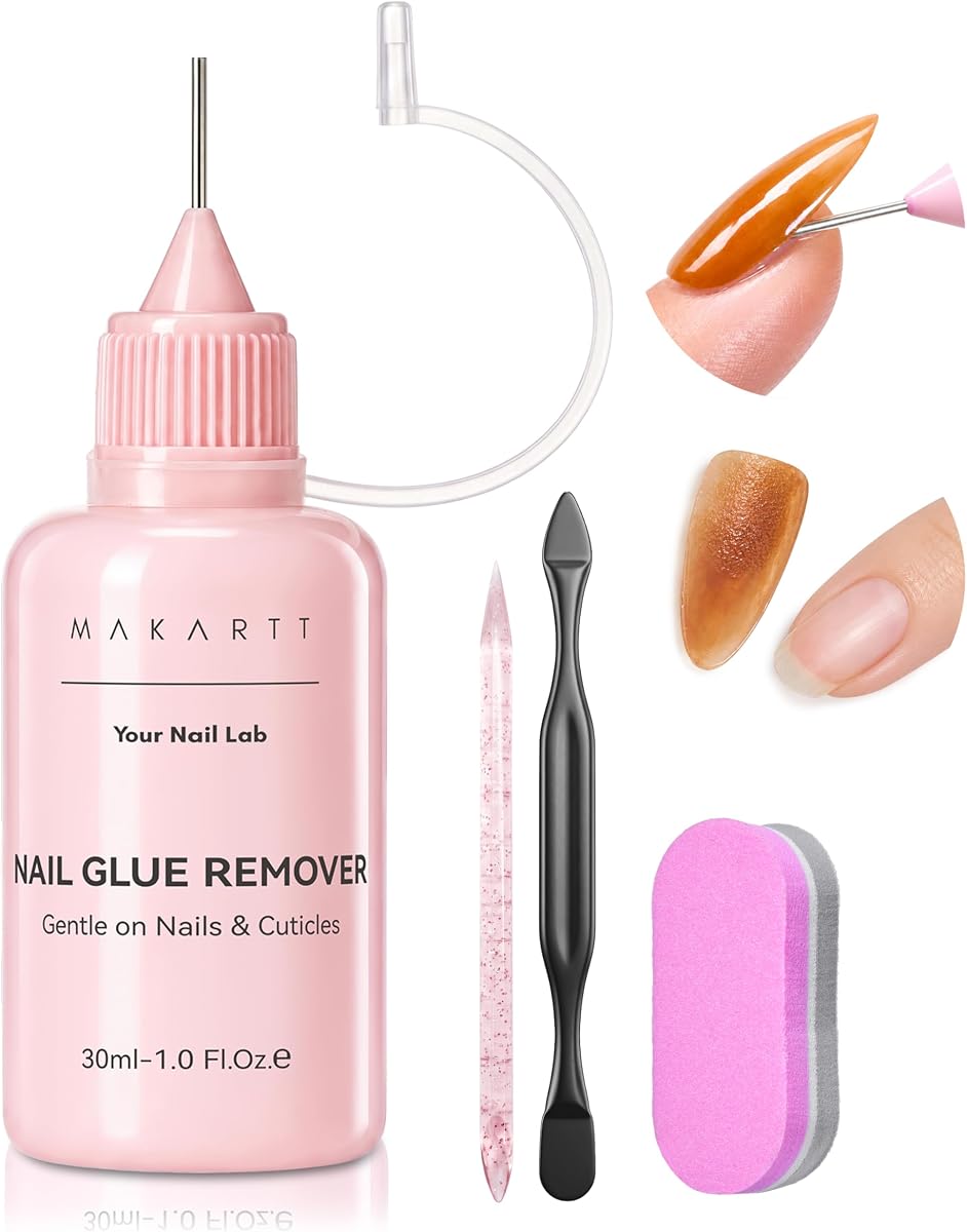 Eliminador de pegamento para uñas con aceite de jojoba: 30 ML sin acetona | Sin hema y sin TPO, eliminador suave para pegamento regular, pegamento semi /sólido, con empujador, palo y mini amortiguador, manicura Suppy