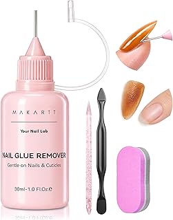 Makartt Jojoba Oil Nail Glue Remover for Press On Nails, Acetone-Free, Gentle At-Home Remover for Regular Glue, Semi and Solid Glue Gel, 30ML Kit with Pusher, Stick and Mini Buffer,Hema-Free