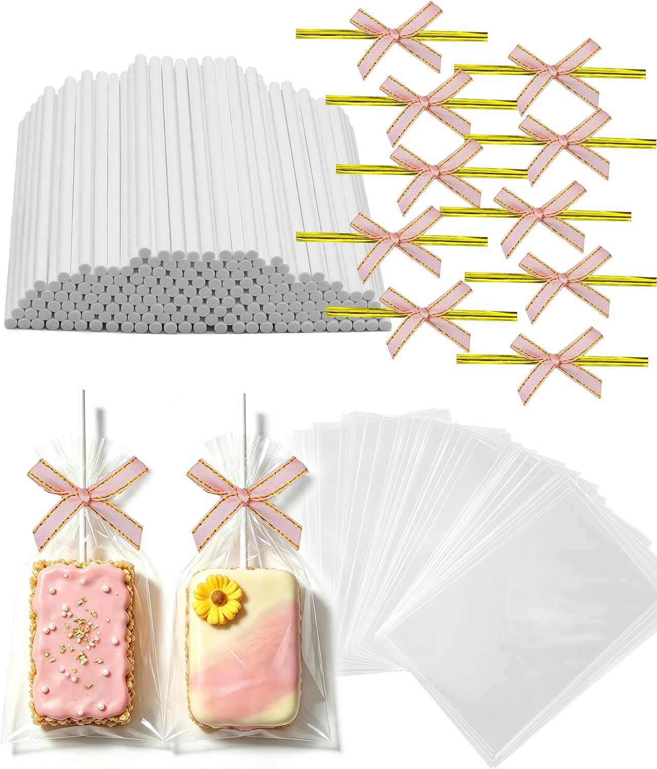 300pcs CHELIZIYA 4x6in Rice Crispy Treat Bags with Sticks and Pink Ties Bow