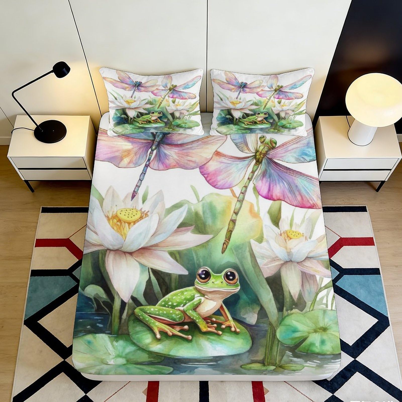 3D Printed Water Lily Frog Fitted Sheet Microfiber Soft Mattress Cover, Dragonfly Bed Sheet for Bedroom Dorm Decor 120x200x25cm