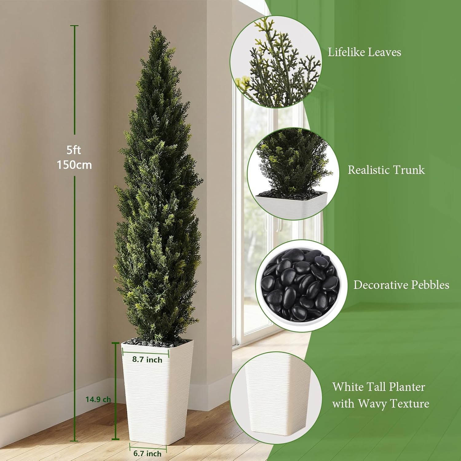 Artificial Cedar Topiary Tree - 5FT Tall Fake Plants with White Tall Planter, Artificial Plants Indoor Floor Plant in Pot, Realistic Faux Tree for Home Office Living Room Decor