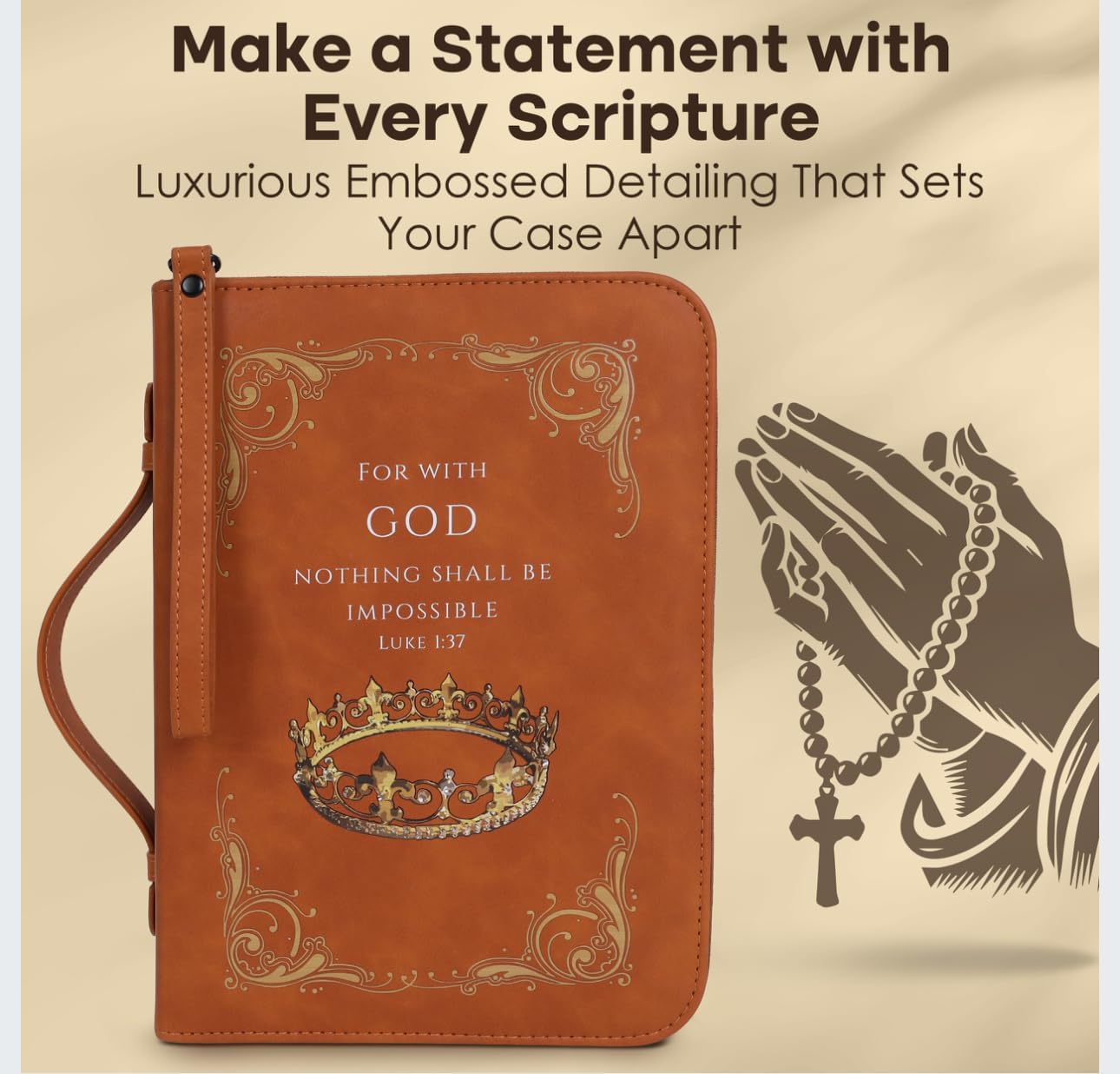 PU Leather Bible Cover for Men & Women with Zipper, Accessory Pocket, Pen Holder, Custom Embossed Front - 10.75" x 7.75" Leather Bible Cover Case for Women & Men