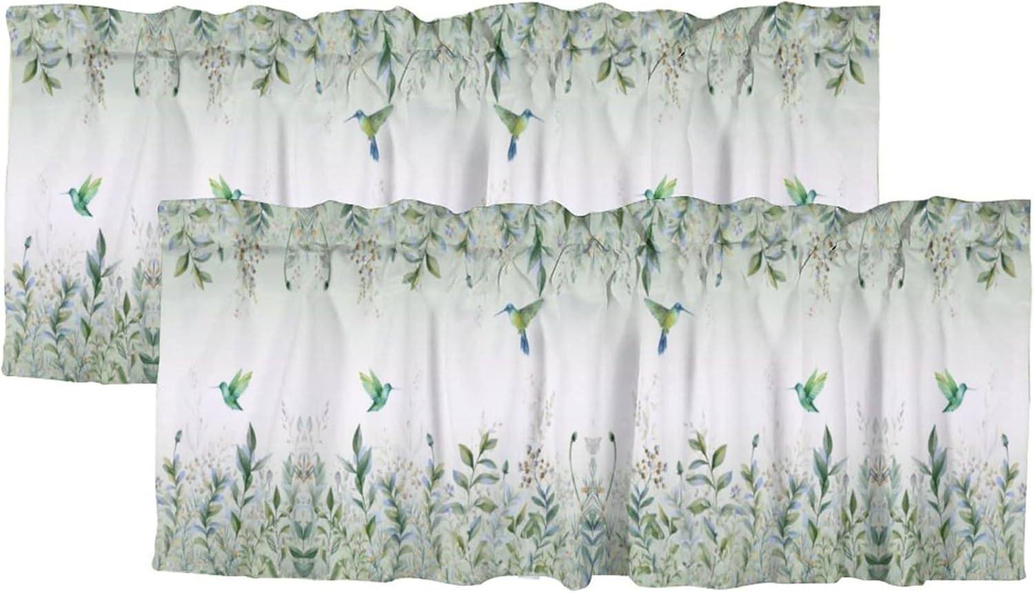 Brebasf Abstract Green Leaves Hummingbird Valance for Window Curtains,Watercolor Romantic Floral Bird Spring Leaf Rod Pocket Curtains Valance Window Treatment 54x18inch,2Pcs