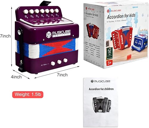 Miniatura 7 de MUSICUBE Acordeón para niños Instrumento de juguete con 10 teclas Botón Acordeón pequeño para niños y niñas Instrumento musical educativo Juguetes