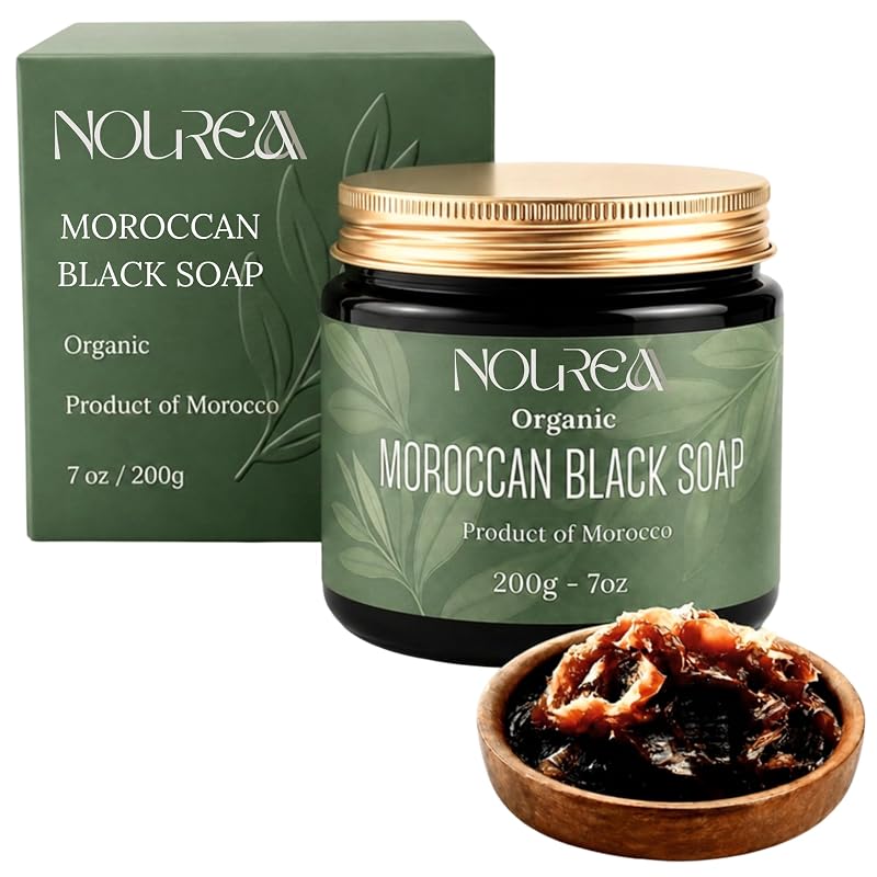 Sabonete preto marroquino Beldi à base de oliva NOUREAA, produzido no Marrocos, 198 g