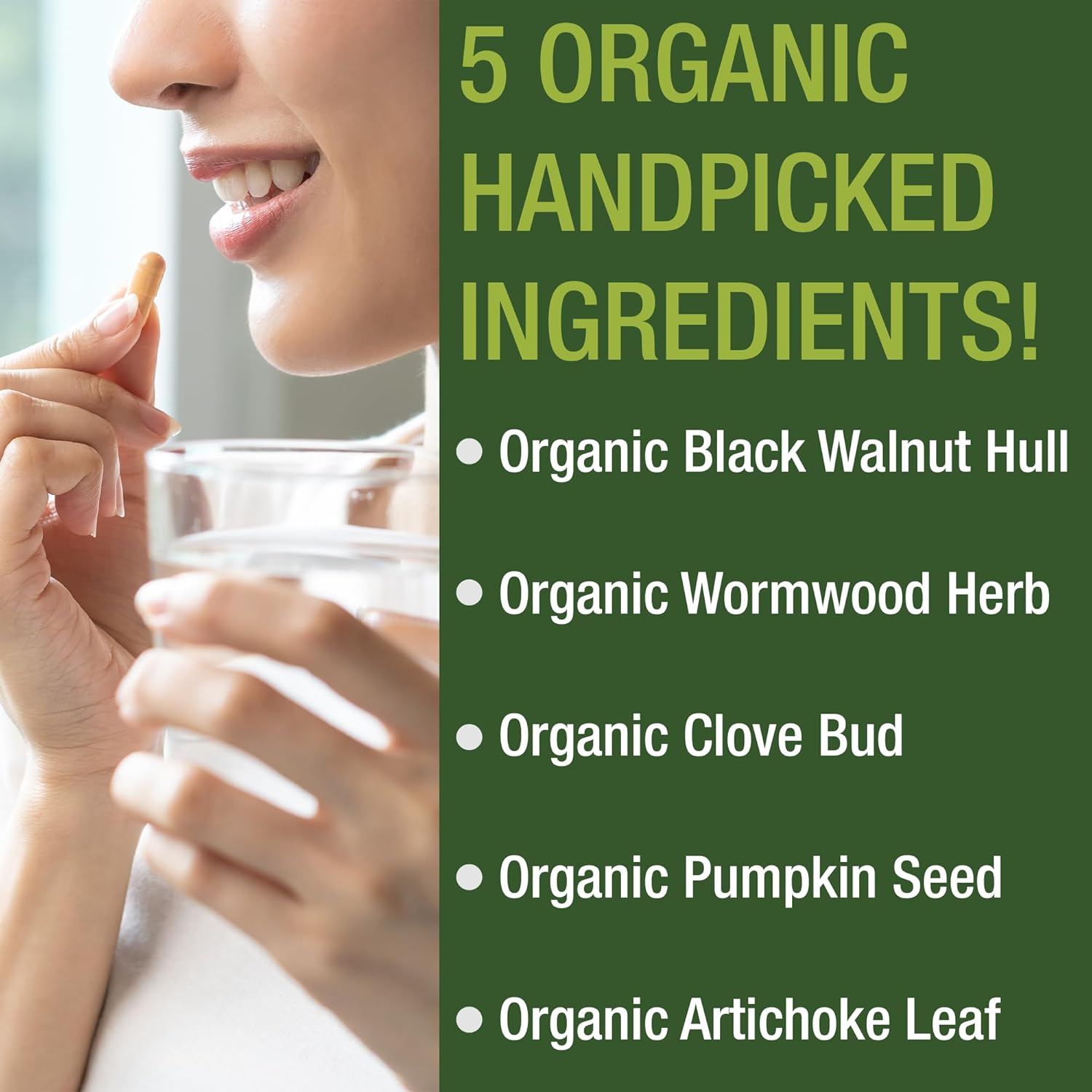 USDA Organic Wormwood Black Walnut Clove Cleanse for Humans. Elimination Detox + Intestinal Support Capsules Supplement for Adults and Kids. Pills with Artichoke and Pumpkin Seed for Added Benefits - Image 3