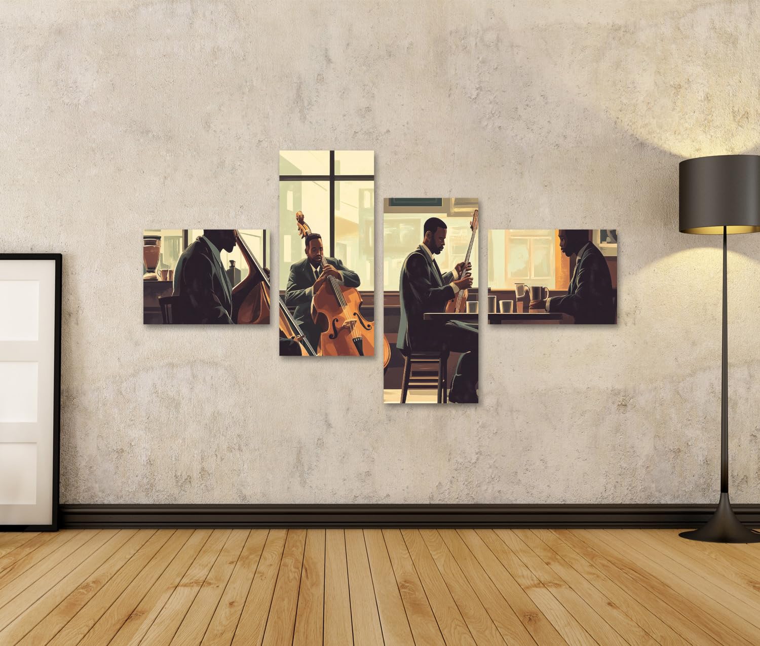 islandburner Quadro su tela musicista jazz in un caffè soleggiato per soggiorno amanti della musica caffetteria immagini poster