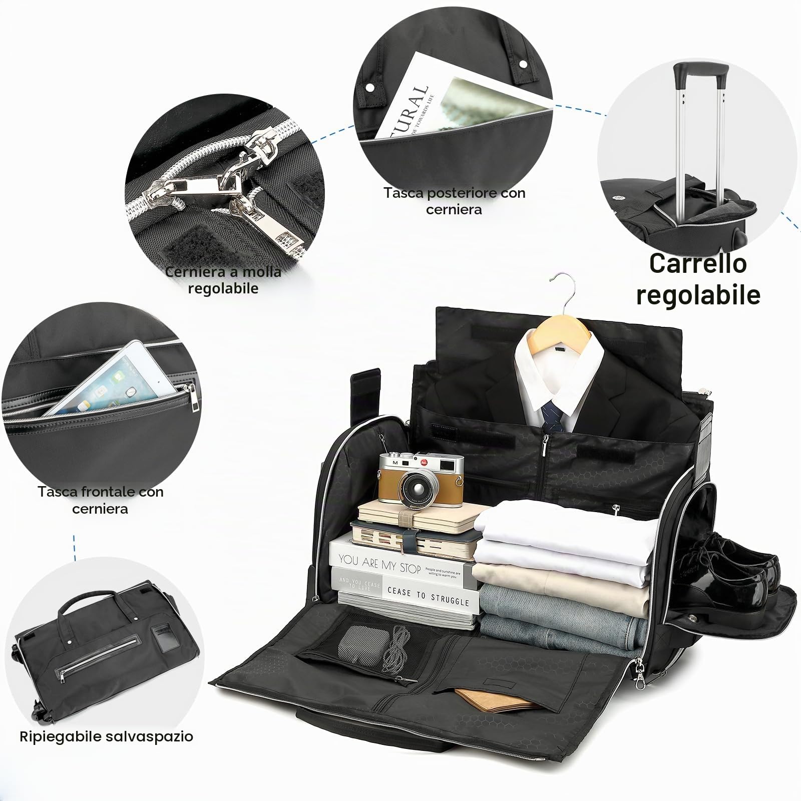 Borsa Porta Abiti da Viaggio con Ruote e Maniglia 55L Convertibile 3 in 1 Trolley Borsone da viaggio Uomo Donna con Scomparto Scarpe per Viaggi D'affari e Matrimoni, Nero