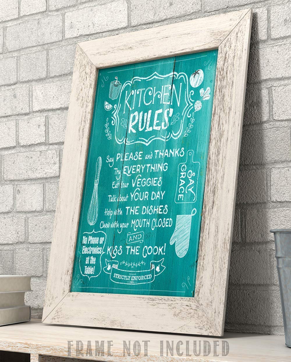 Kitchen Rules - Unique Kitchen Encouraging Home Decorations, Farmhouse Cafe, Restaurant, Bar, or Workplace Display, Great Housewarming Gift, Wood Style Look 11x14 Unframed Art Print Poster