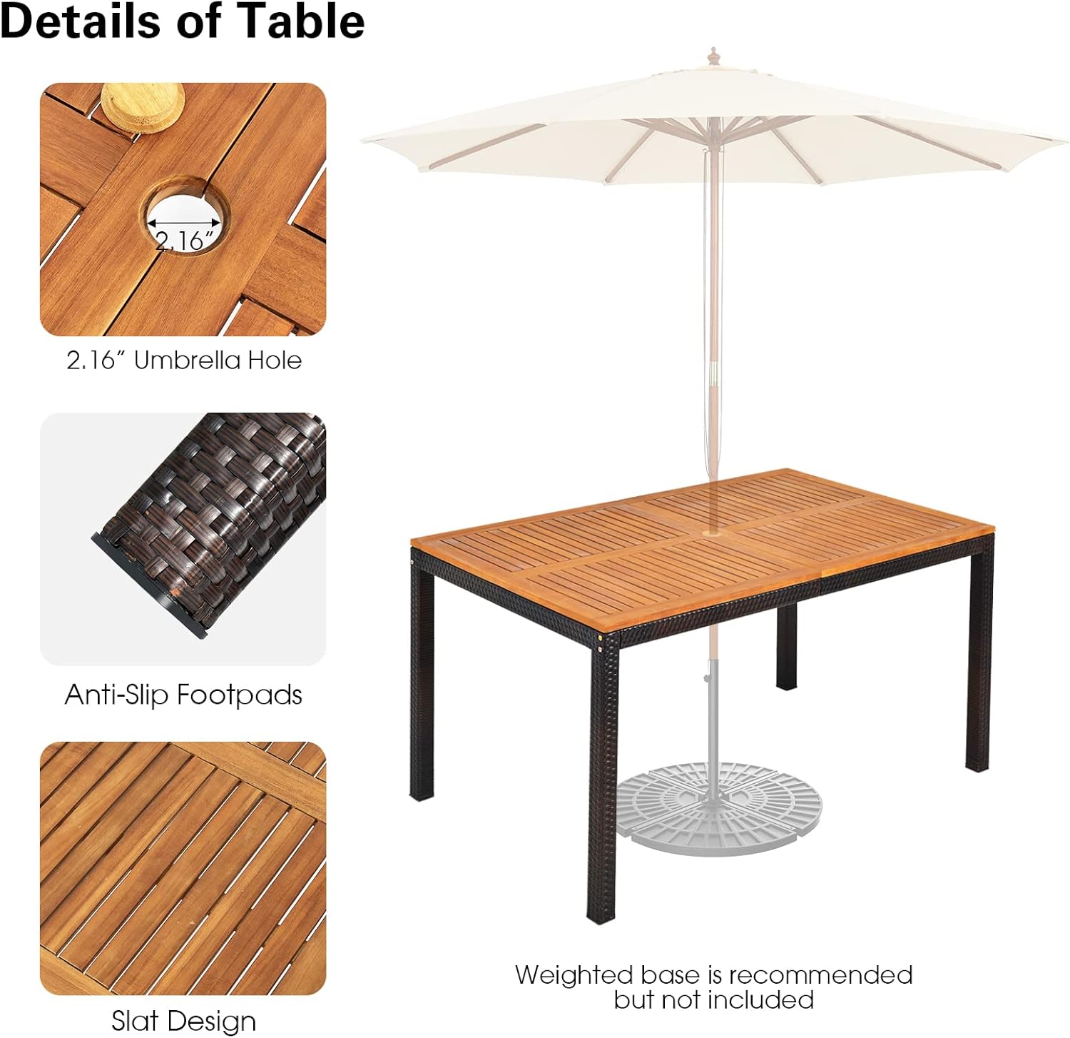 7 Pieces Patio Dining Set Outdoor Dining Set with Umbrella Hole, Wicker Patio Furniture Set with Acacia Wood Table and Chairs, Garden Dining Table Set for Backyard, Desk, Poolside (Brown)