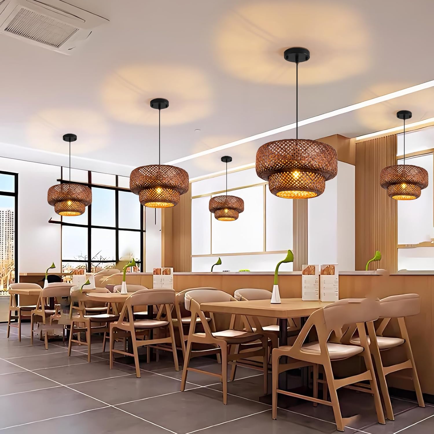 Dark Curry Bamboo Pendant Light,Boho Rattan Hanging Light,13.78" Hand Woven Wicker Chandelier for Kitchen Island for Kitchen Island Dining Bedroom Living Room Restaurants
