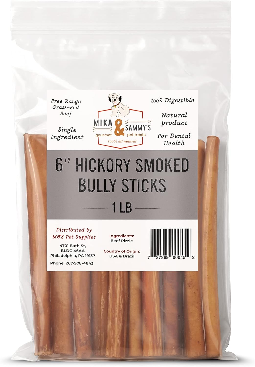 Mika & Sammy's Hickory Smoked Bully Sticks for Small & Medium Dogs (6 Inch 1 Ib)