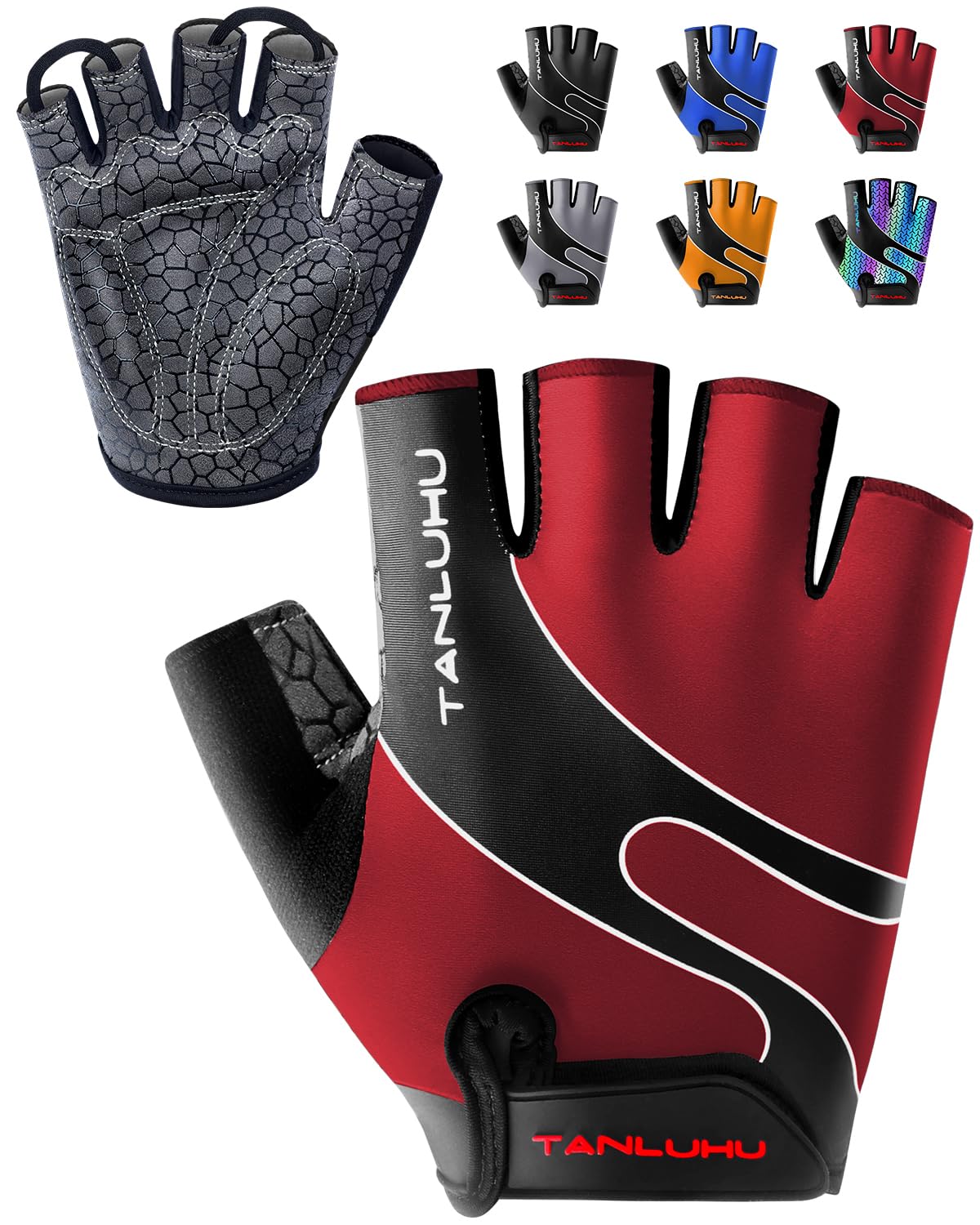 Tanluhu Fahrradhandschuhe, Mountainbike-Handschuhe, Halbfinger, Rennen, Reithandschuhe, atmungsaktiv, stoßdämpfend, für Damen und Herren, weinrot, Größe L