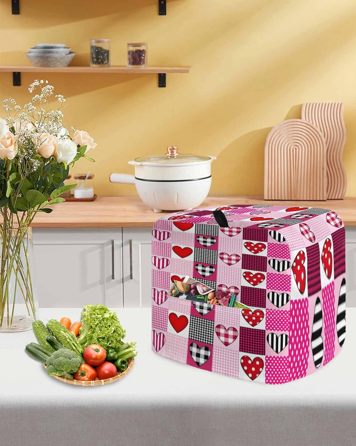 Stand Mixer Cover with Storage Pocket, Valentine's Day Waterproof Kitchen Mixer Covers, Pink Black Checked Love Hearts Romantic Kitchen Appliance Dust Cover Compatible with 5-8 Quart Mixers